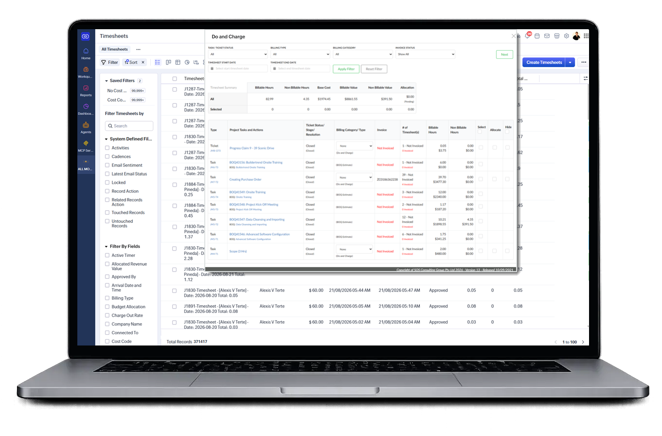 BILLIO Professional timesheet and billing screen displayed on a laptop