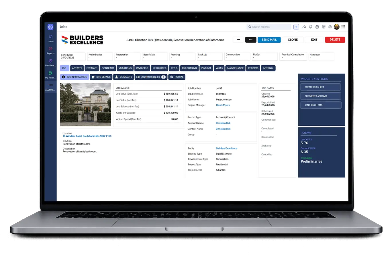 Builders Excellence job management screen displayed on a laptop