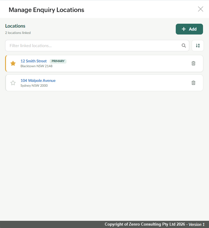 Link Location widget showing two job locations linked to an enquiry