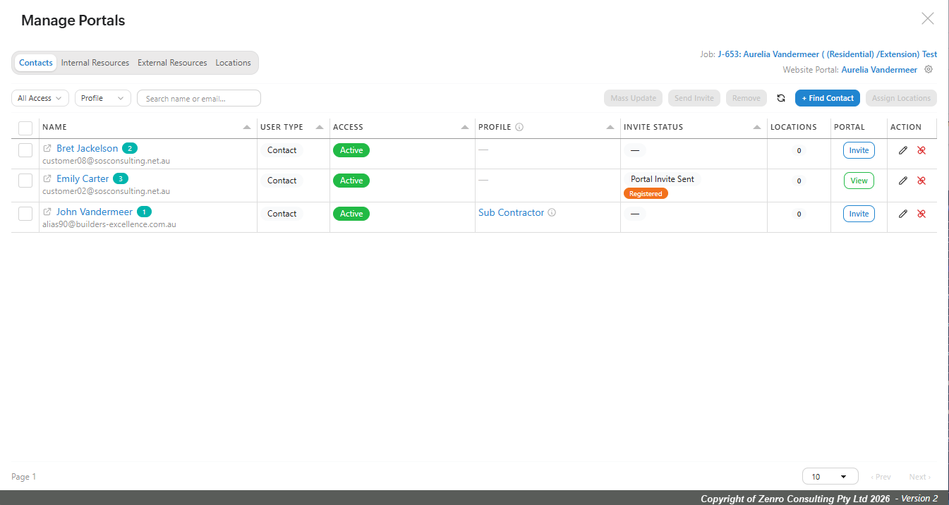 Manage Portals widget displaying portal contacts, access and invitation statuses